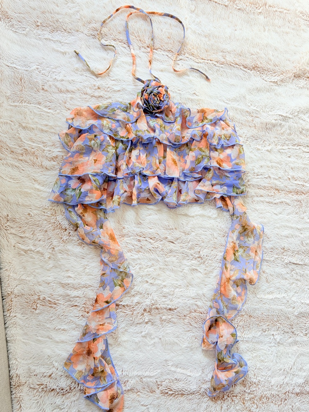 NWT JLUXLABEL Fairycore Floral Mesh Ruffle Halter Crop Jellyfish Hem Coquette